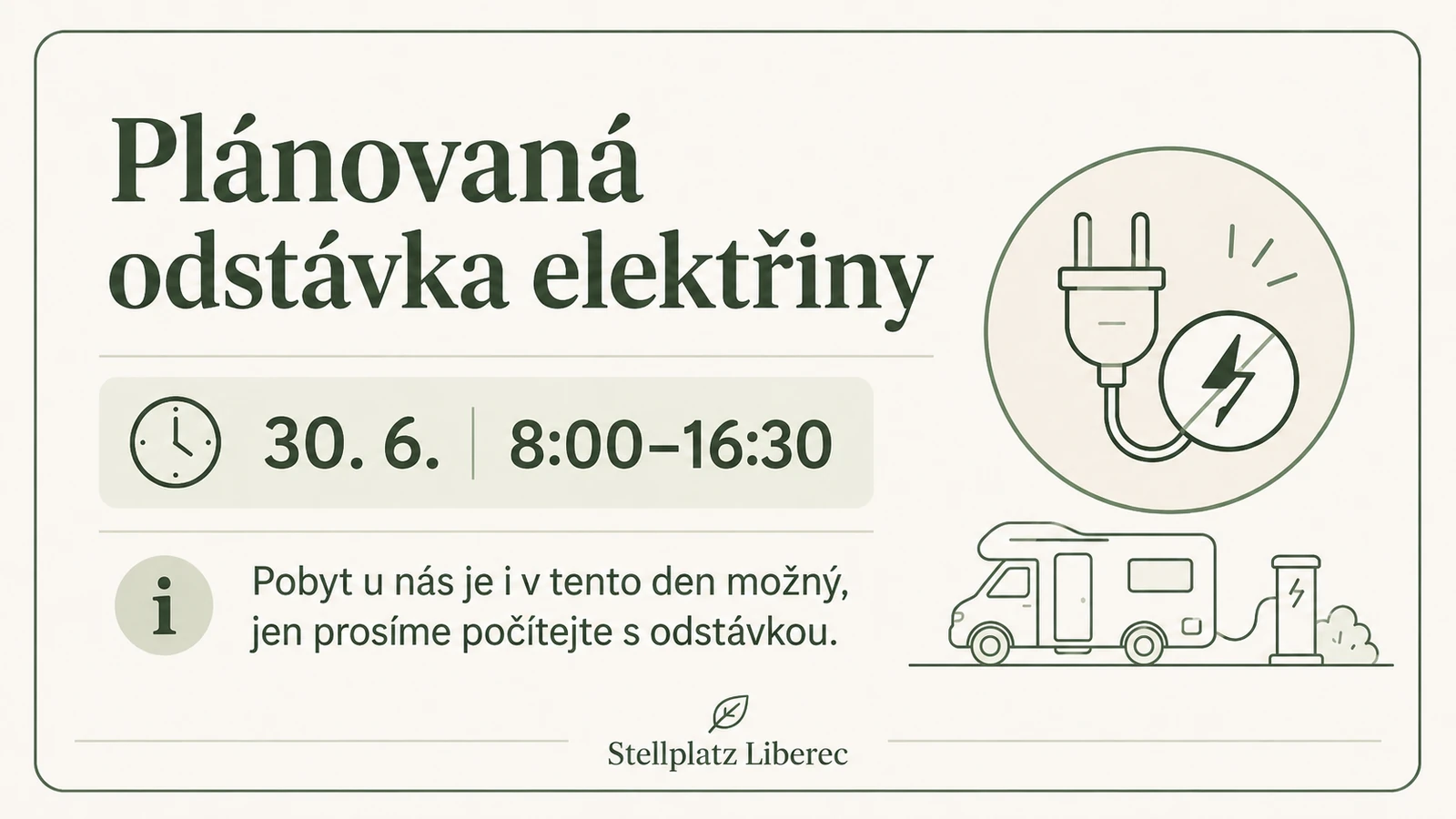 Elektrická přípojka u soukromého stání Stellplatz Liberec během provozní informace o odstávce elektřiny