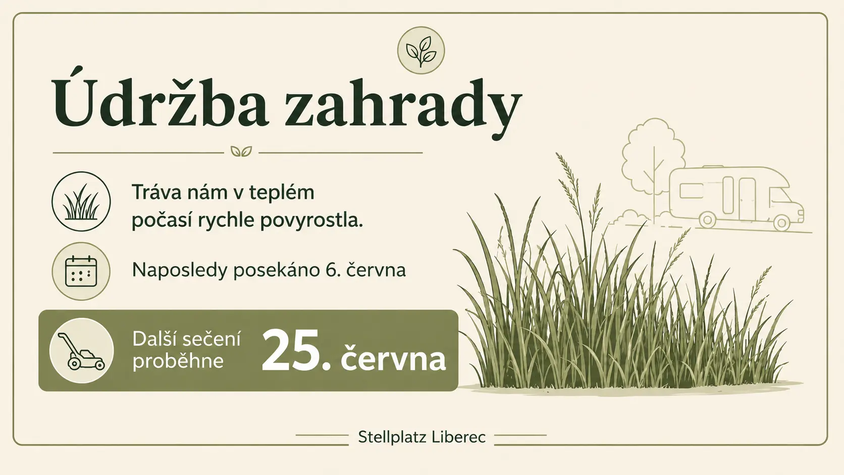 Zahrada u soukromého stání Stellplatz Liberec před plánovaným sečením trávy